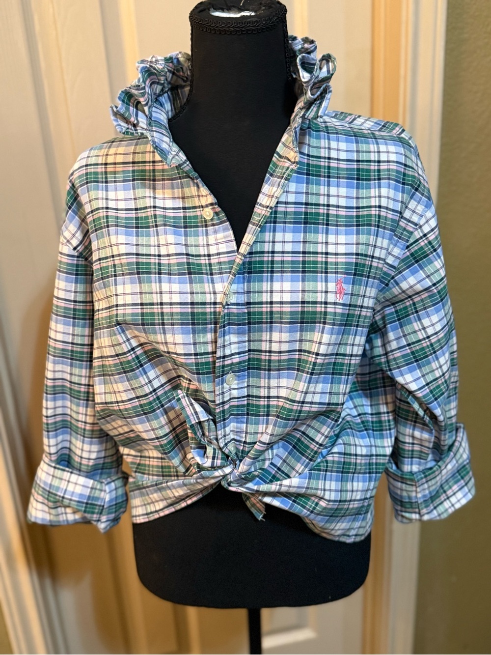 Upcycled Ralph Lauren Plaid Button-Down Shirt in Green, Blue & White